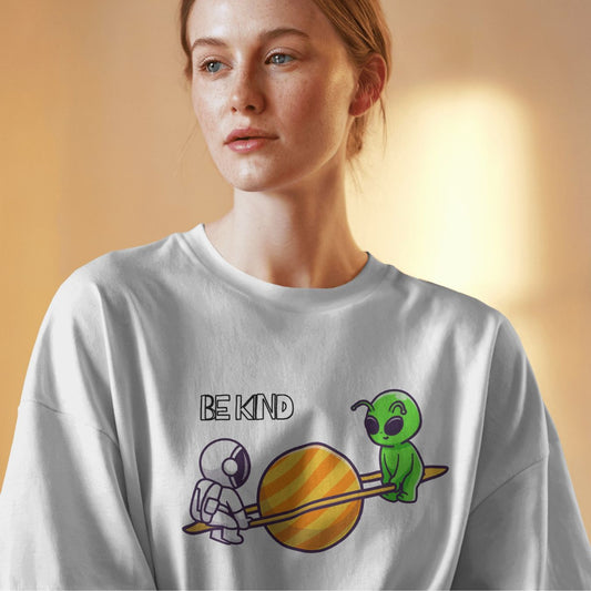 Be Kind Space-Themed T-Shirt – Cute Astronaut and Alien Design | Unisex Heavy Graphic Tee